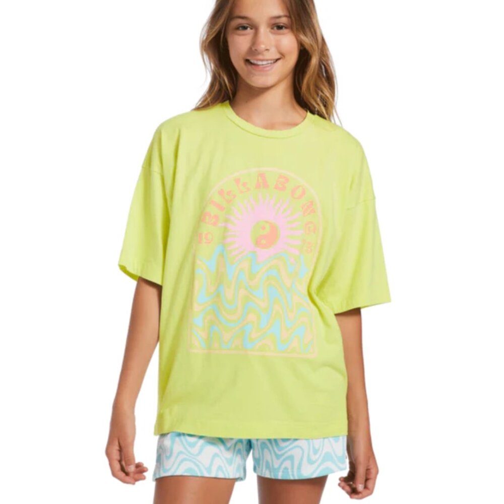 Billabong‎  Lime Green Graphic T-Shirt Sun Yin Yang Wave Size M Girls